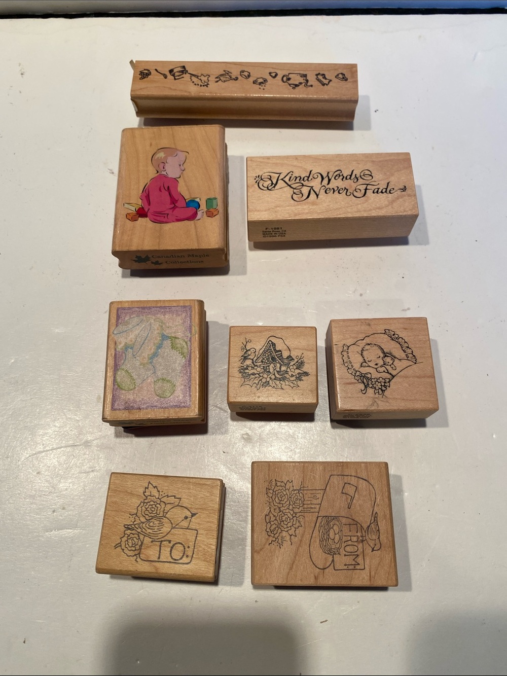 Vintage Set of 8 Wooden Rubber-Mounted Stamps